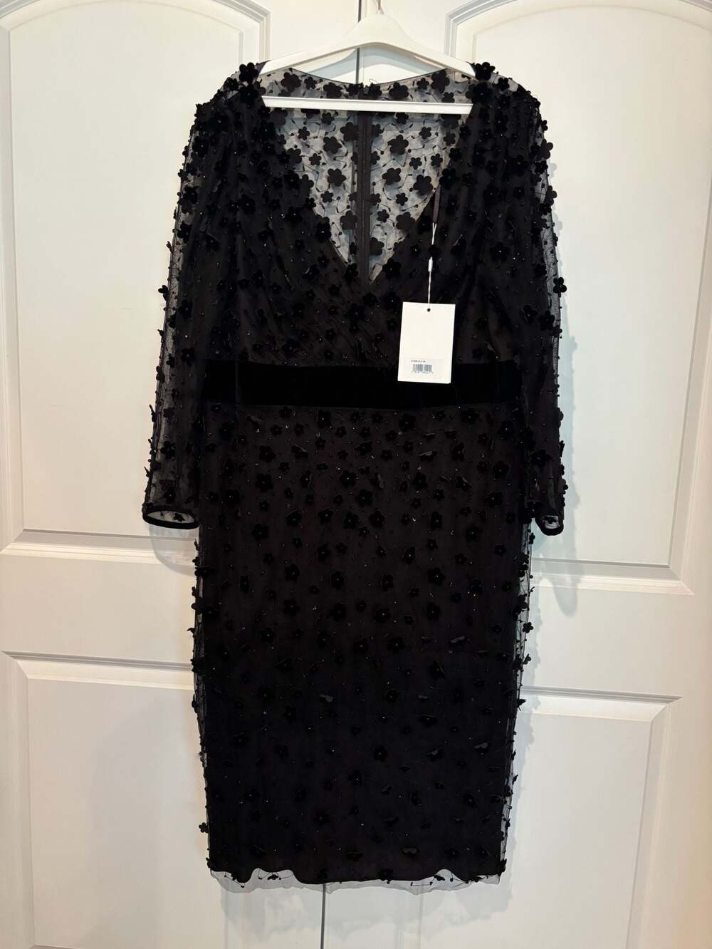 Mac Duggal Embellished V-Neck Illusion Long Sleeve Column Midi Dress 67856